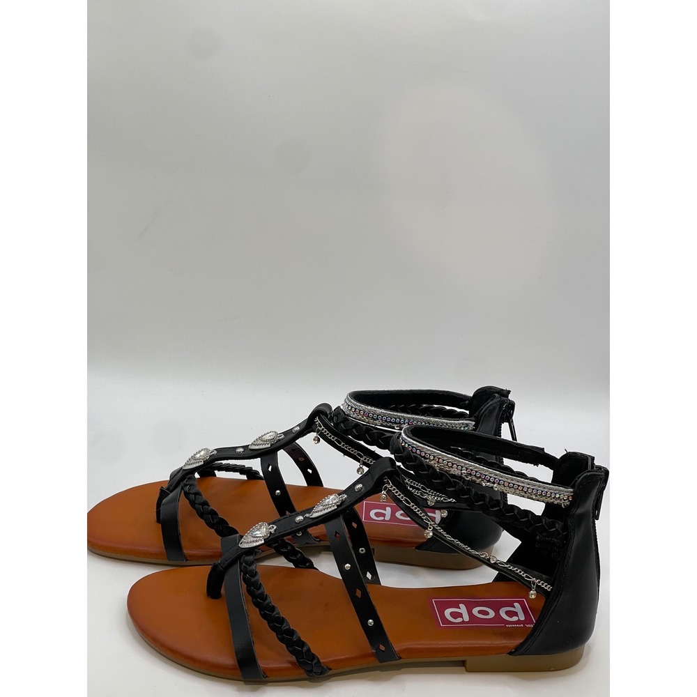 POP Miraya Black Gladiator Sandals Rhinestone Heart Chain Fringe Womens 5.5 M